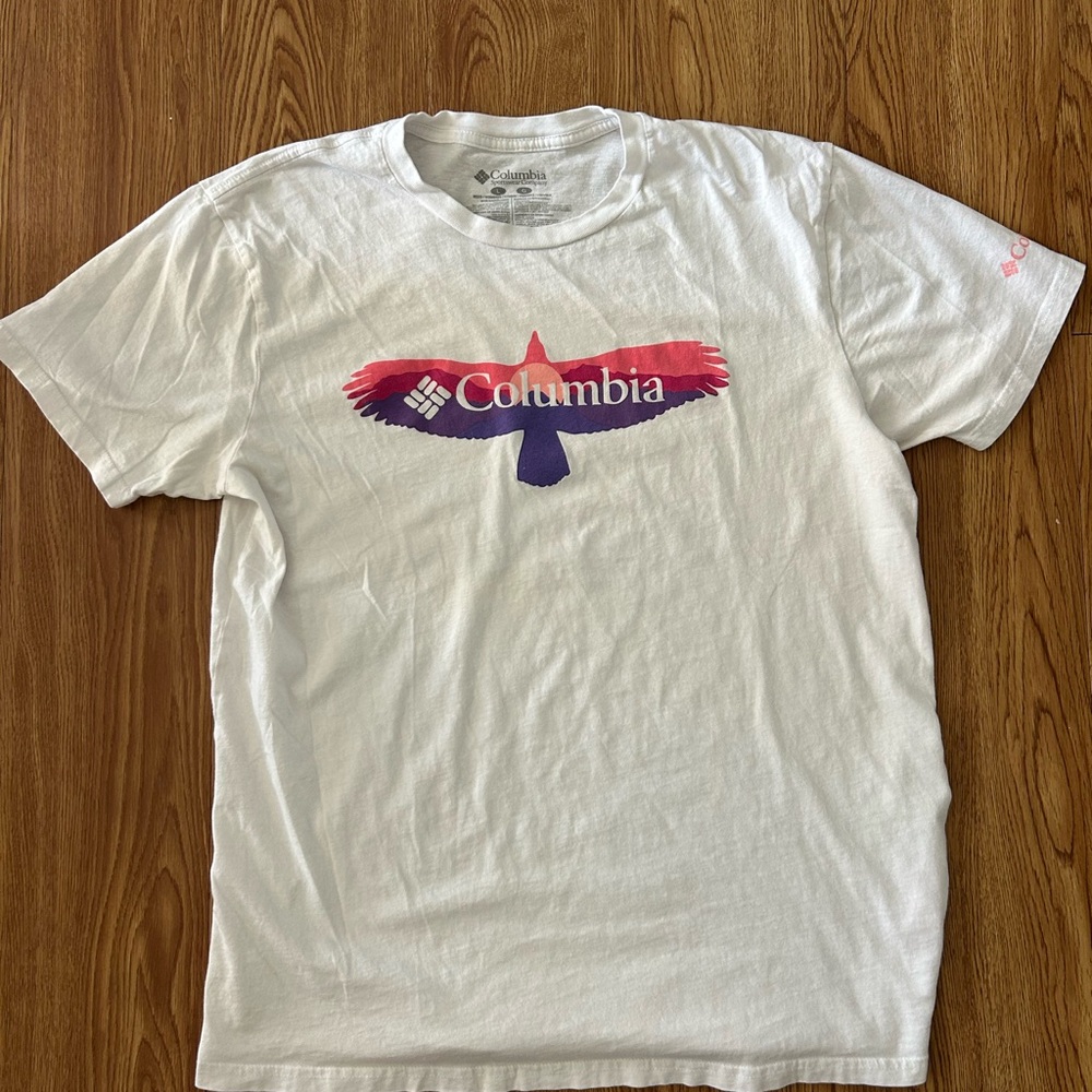 Columbia White Tee with Red and Purple Bird Graphic